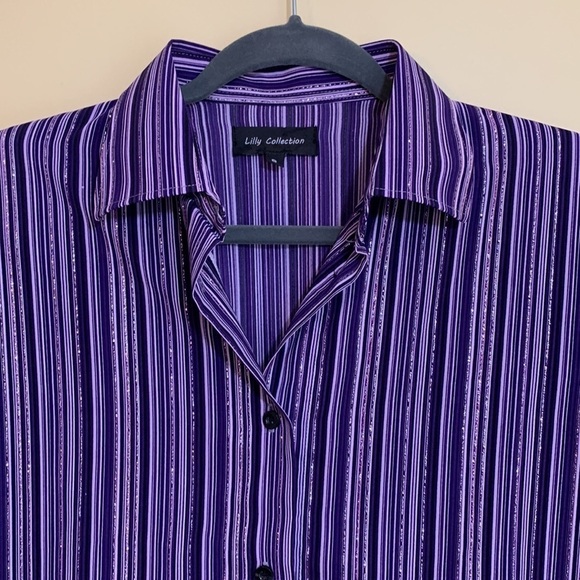 Lilly Collection | Purple Striped Button Down Metallic Thread Shirt Dress NWT S - Picture 6 of 17